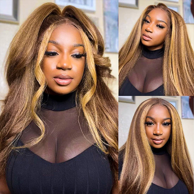 Pre-Everything 4/27 Highlight Brown Kinky Straight Glueless Wigs Invisi String Snug Fit 360 Lace Frontal Wig