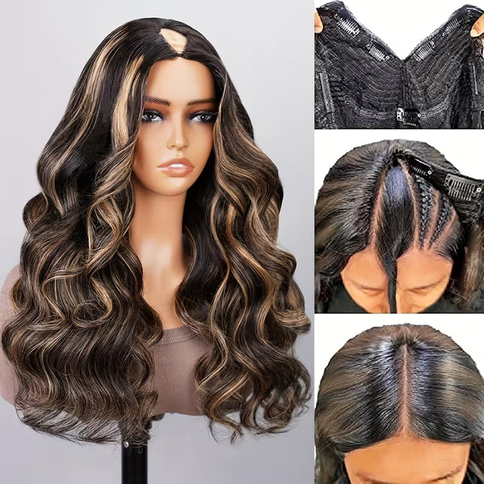 Blonde Highlight Body Wave Glueless No Leave Out Upgrade V Part Drawstring Wigs Human Hair For Beginners
