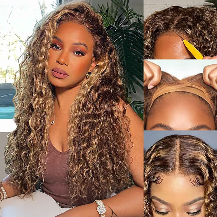 Highlight Water Wave Lace Frontal Human Hair Wigs #4/27 Color Brazilian Pre-plucked Lace Wig
