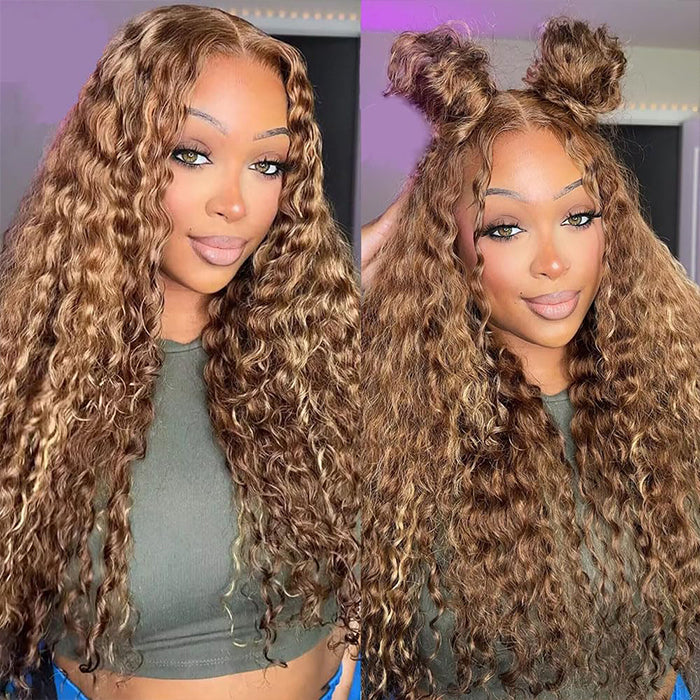 #4/27 Highlight Water Wave 13x4 HD Lace Front Human Hair Wigs Pre Cut & Pre Plucked S M L Cap