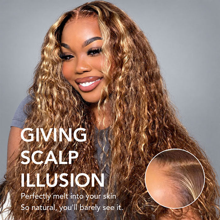 Highlight Water Wave Lace Frontal Human Hair Wigs Pre Cut Lace with Pre Plucked Hairline