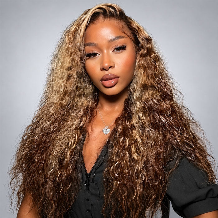 Highlight Water Wave Lace Frontal Human Hair Wigs Pre Cut Lace with Pre Plucked Hairline