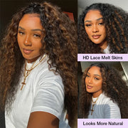 Golden Brown Highlight Deep Wave Human Hair Wigs Pre-Cut HD Lace Front Wig with Drawstring