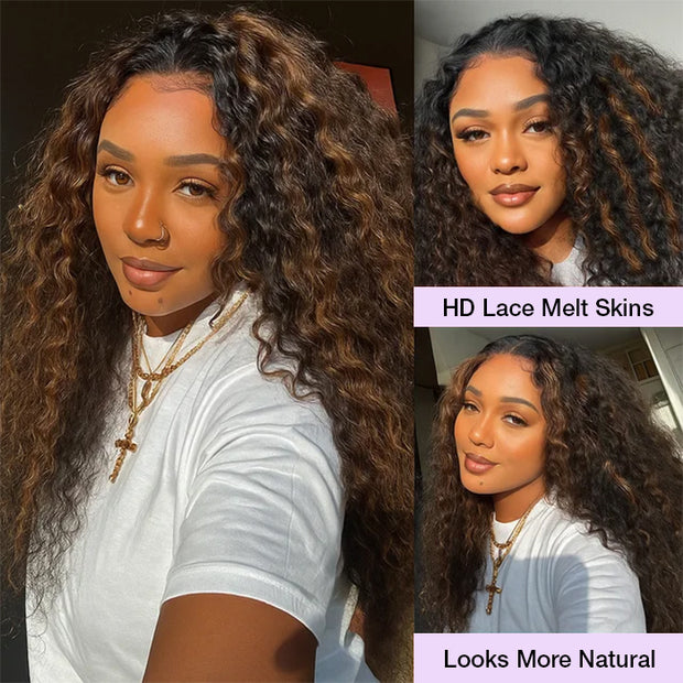 Golden Brown Highlight Deep Wave Human Hair Wigs Pre-Cut HD Lace Front Wig with Drawstring