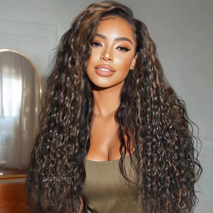 Golden Brown Highlight Water Wave Human Hair Wigs Pre-Cut HD Lace Front Wig with Drawstring
