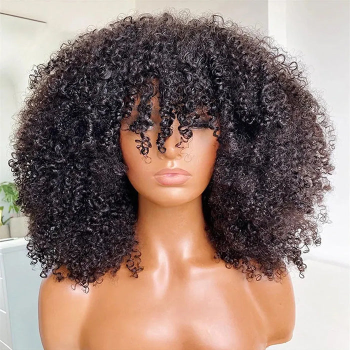 Kinky Curly Wig With Bangs 250% Density Glueless Pre Cut 5x5 HD Lace Human Hair Wigs for Black Women
