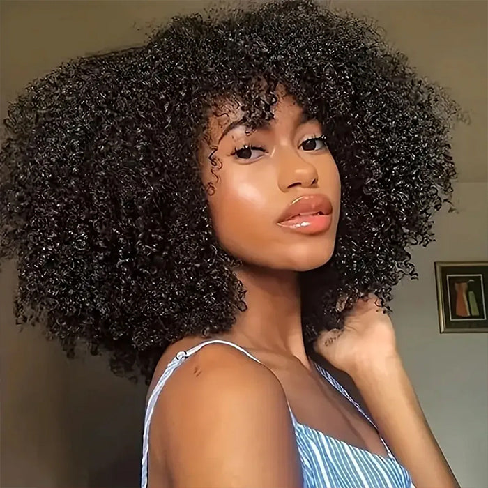 Kinky Curly Wig With Bangs 250% Density Glueless Pre Cut 5x5 HD Lace Human Hair Wigs for Black Women