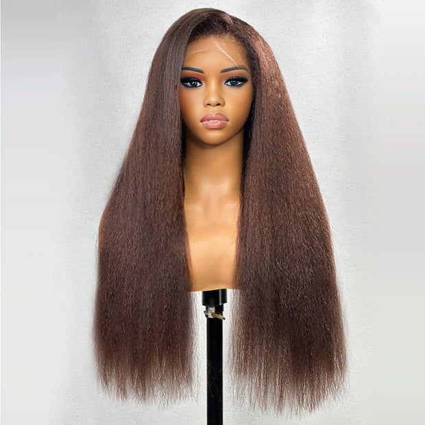 #4 Chocolate Brown 4C Edges Hairline Kinky Straight Wig Glueless Human Hair Wigs Super Realistic Natural