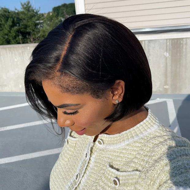 Glueless Kinky Edges Hairline Short Bob Wig Silky Straight 8×5 Pre-bleached Knots Natural Scalp 220% Density
