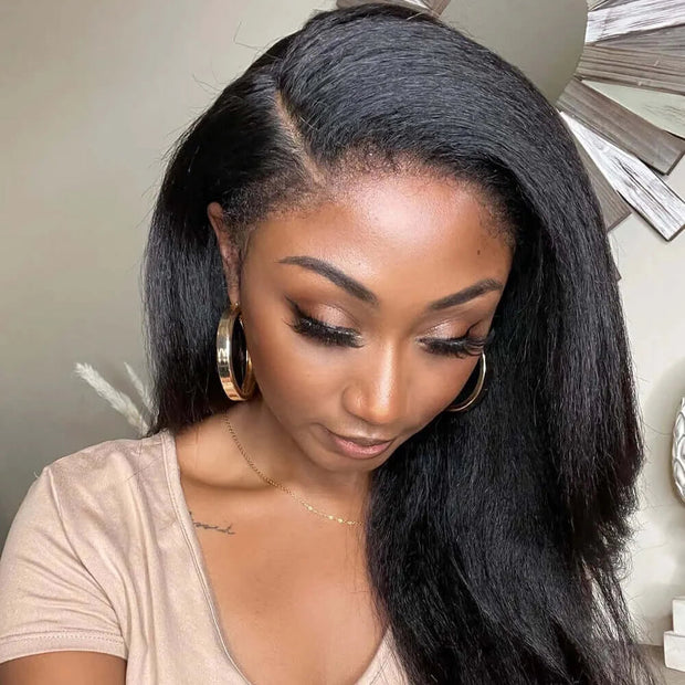 Kinky Straight Glueless 8x5 Closure Lace Wig 4C Kinky Edges 100% Human Hair Wigs Pre-cut Pre-bleached