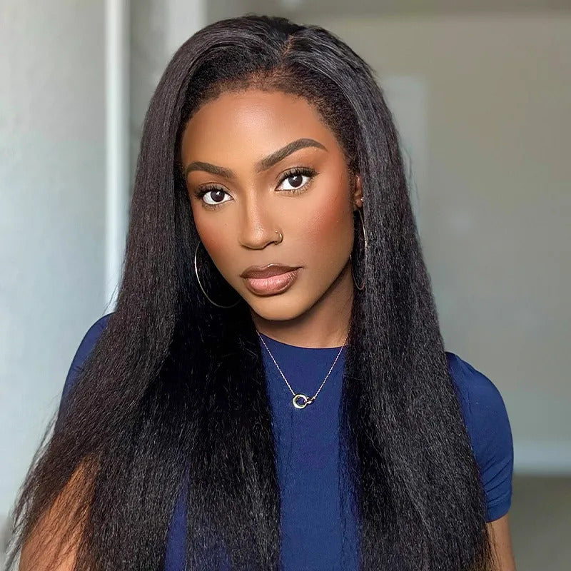 Kinky Straight Glueless 8x5 Closure Lace Wig 4C Kinky Edges 100% Human Hair Wigs Pre-cut Pre-bleached