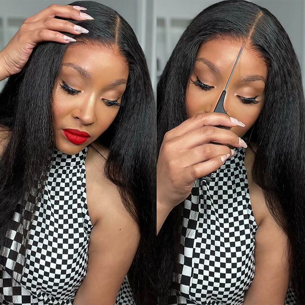 Kinky Straight 5x5 Invisible HD Lace Glueless Wig Pre-Plucked Natural Hairline With Bleached Invisible Knots