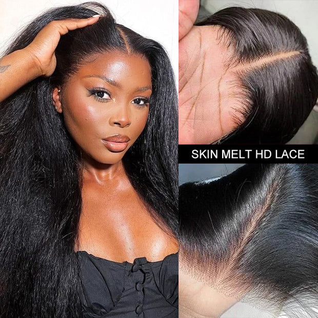 Kinky Straight 5x5 Invisible HD Lace Glueless Wig Pre-Plucked Natural Hairline With Bleached Invisible Knots