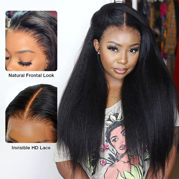 Kinky Straight 5x5 Invisible HD Lace Glueless Wig Pre-Plucked Natural Hairline With Bleached Invisible Knots