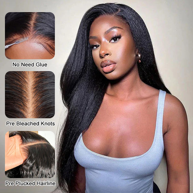 Kinky Straight 5x5 Invisible HD Lace Glueless Wig Pre-Plucked Natural Hairline With Bleached Invisible Knots