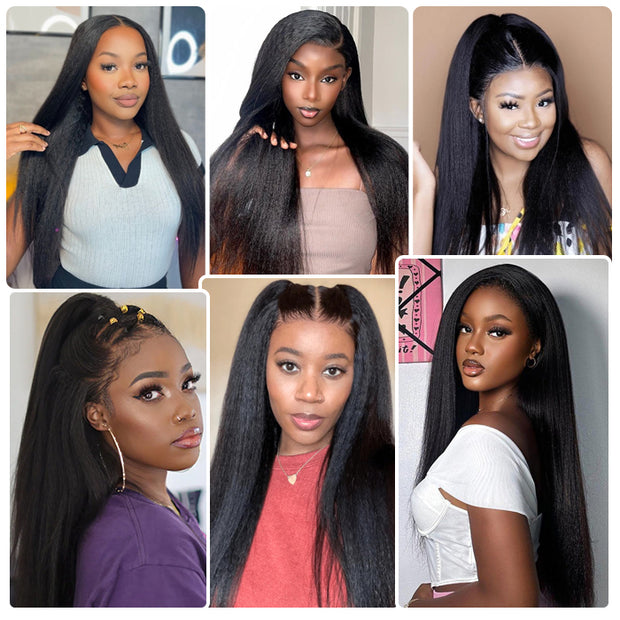 Kinky Straight 5x5 Invisible HD Lace Glueless Wig Pre-Plucked Natural Hairline With Bleached Invisible Knots