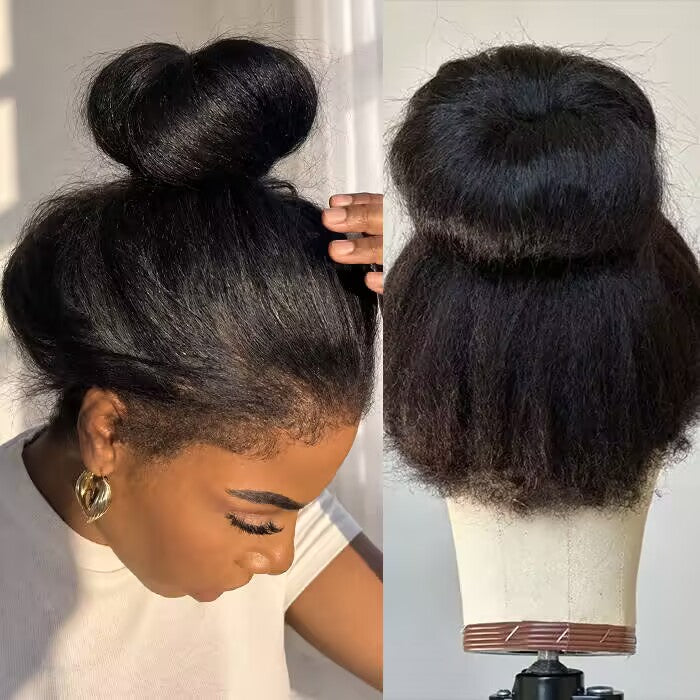Glueless Kinky Straight Wigs with 4C Kinky Edge Hairline Pre Cut Lace 8x5 13x4 360 HD Lace Frontal Human Hair Wigs 220% Density