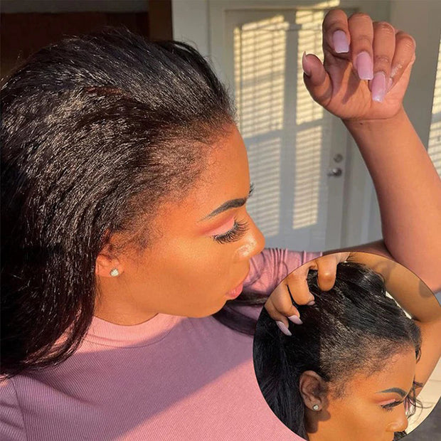 Kinky Straight Invisi Strap Snug Fit 360 Transparent Lace Frontal Bleached Knots Pre Cut Lace Wig