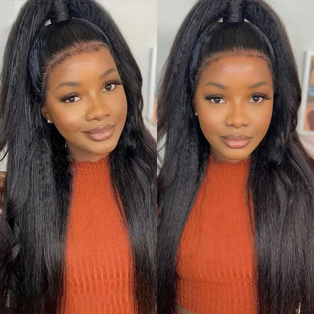 Kinky Straight Invisi Strap Snug Fit 360 Transparent Lace Frontal Bleached Knots Pre Cut Lace Wig