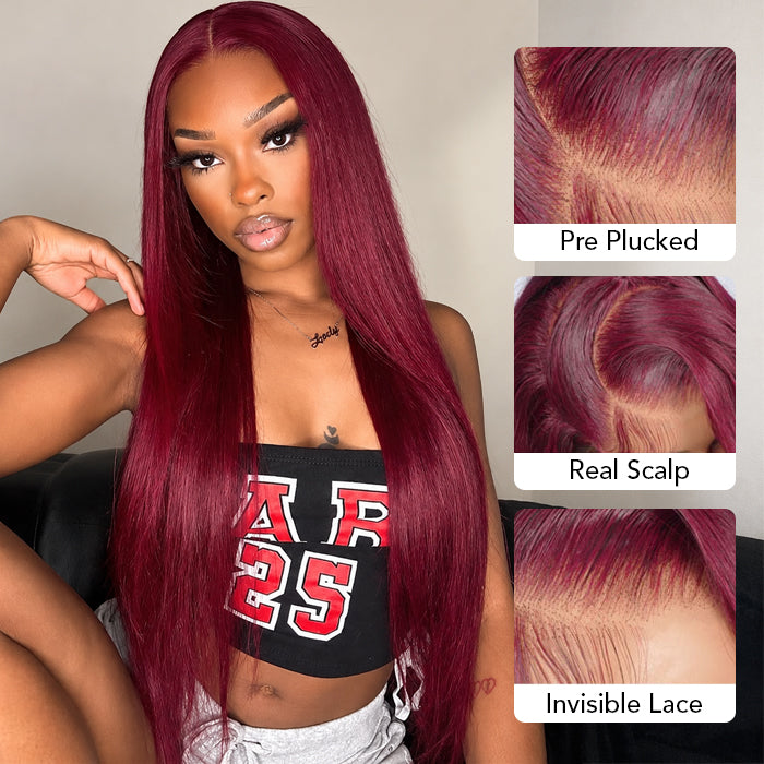 99J Burgundy Straight 13x6 HD Lace Front Human Hair Wig Glueless Pre Cut Lace Wigs