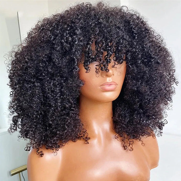 Glueless Kinky Curly Wig with Bangs 100% Remy Human Hair Short Bob Wigs 220% Density