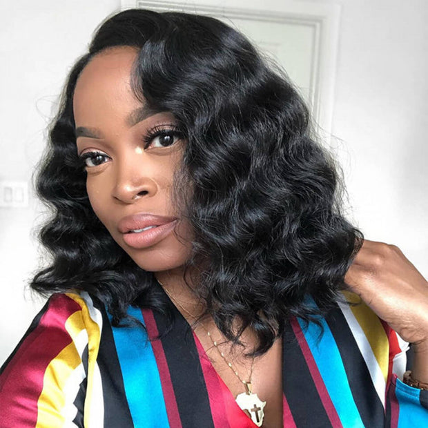 Shoulder Length Human Hair Wigs Loose Deep Wave Bob 13x4 HD Lace Front Wigs 220% Density