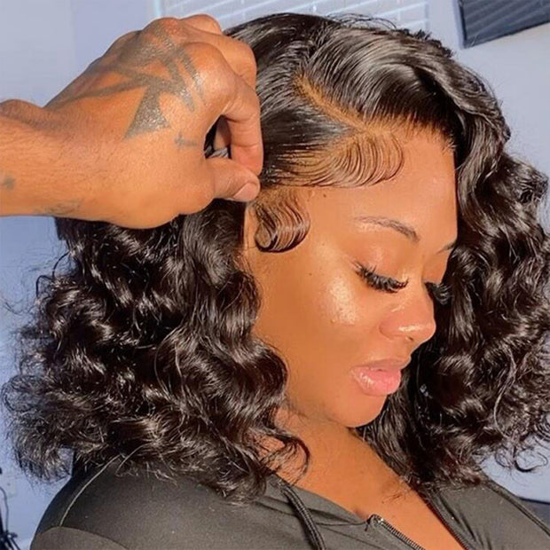 Shoulder Length Human Hair Wigs Loose Deep Wave Bob 13x4 HD Lace Front Wigs 220% Density