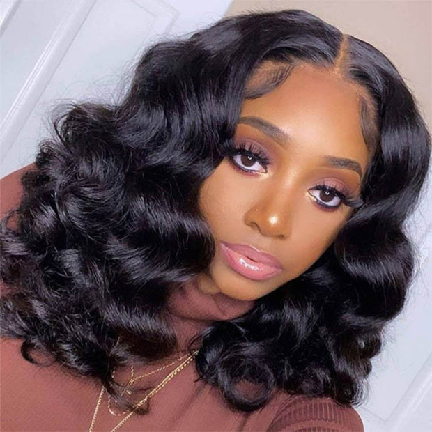 Shoulder Length Human Hair Wigs Loose Deep Wave Bob 13x4 HD Lace Front Wigs 220% Density