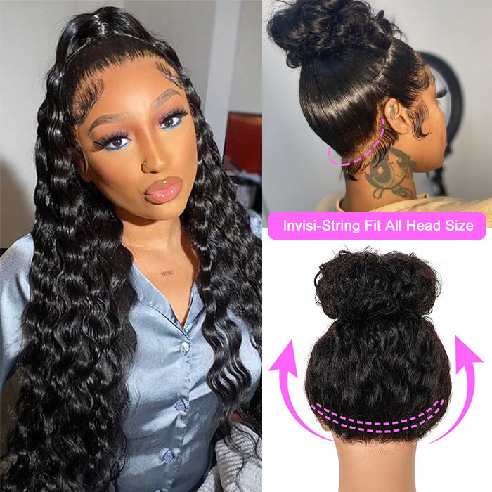 Loose Deep Wave Invisible-String Snug Fit 360 Lace Front Wigs Pre Plucked HD Lace Human Hair Crimped Wigs