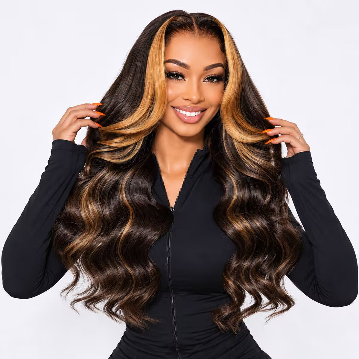 Honey Blonde Money Piece Highlight On Black Human Hair Body Wave Lace Front Wigs with Pre Plucked Hairline