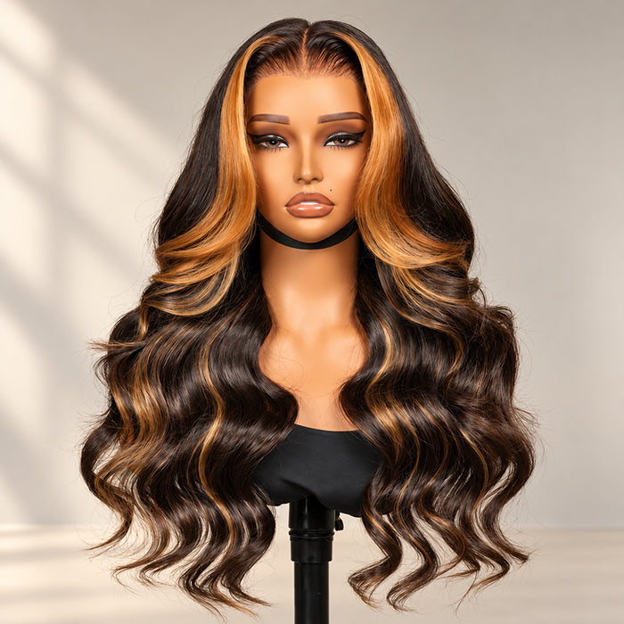 Honey Blonde Money Piece Highlight On Black Human Hair Body Wave Lace Front Wigs with Pre Plucked Hairline