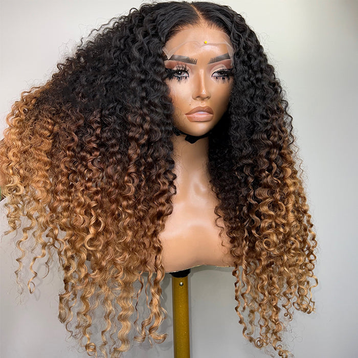 Three Tone #1b/4/27 Ombre Curly Wig Invisi-String Snug Fit 360 Pre Everything Glueless Wig