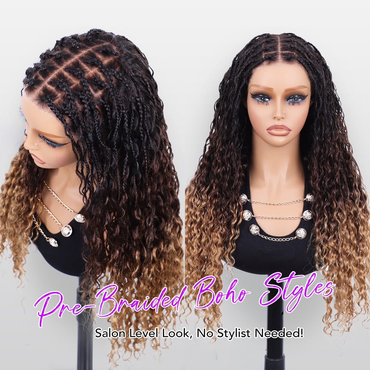 Ombre Boho Knotless Braided Wigs Human Hair Water Wave Glueless 13x6 Frontal HD Lace Drawstring Wigs Pre Cut Lace