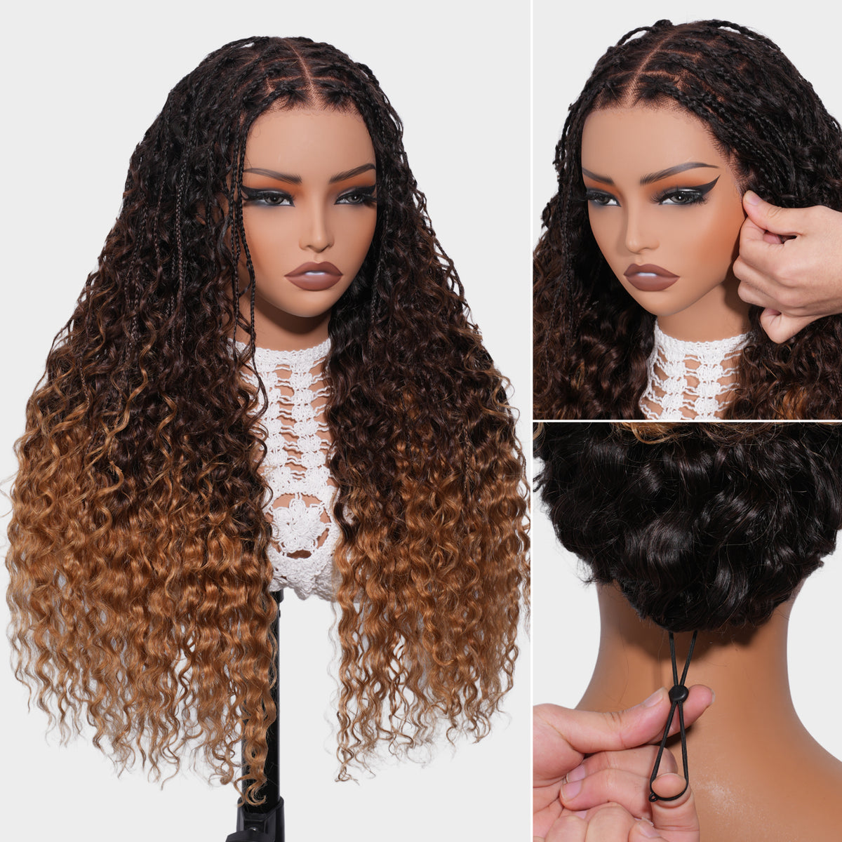 Ombre Boho Knotless Braided Wigs Human Hair Water Wave Glueless 13x6 Frontal HD Lace Drawstring Wigs Pre Cut Lace