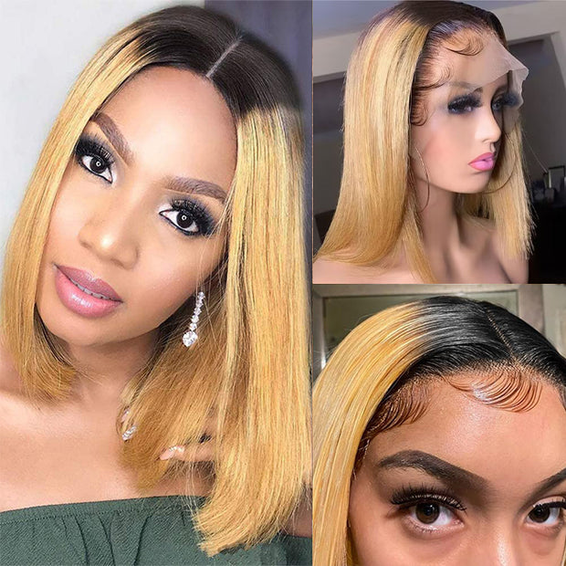Ombre Honey Blonde Straight Hair Glueless 13x4 Lace Front Bob Wigs