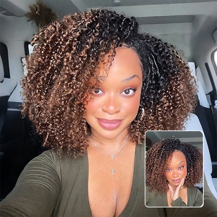 3 In 1 Drawstring Half Wig Kinky Curly Glueless Ombre Brown Wig With Black Roots Seamless Flip Over Wig Beginner Friendly