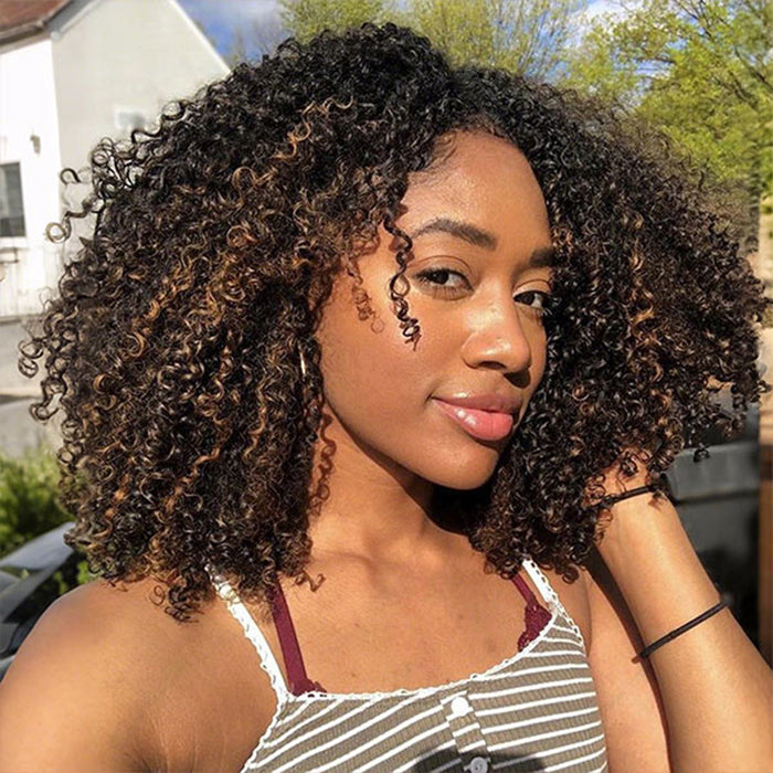 3 In 1 Drawstring Half Wig Kinky Curly Glueless Ombre Brown Wig With Black Roots Seamless Flip Over Wig Beginner Friendly