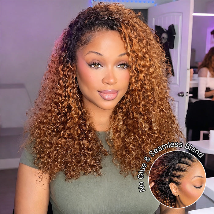 Ombre Brown Water Wave 3 IN 1 Half Wigs with Black Roots Glueless Natural Blend Pull & Go Drawstring Half Wig