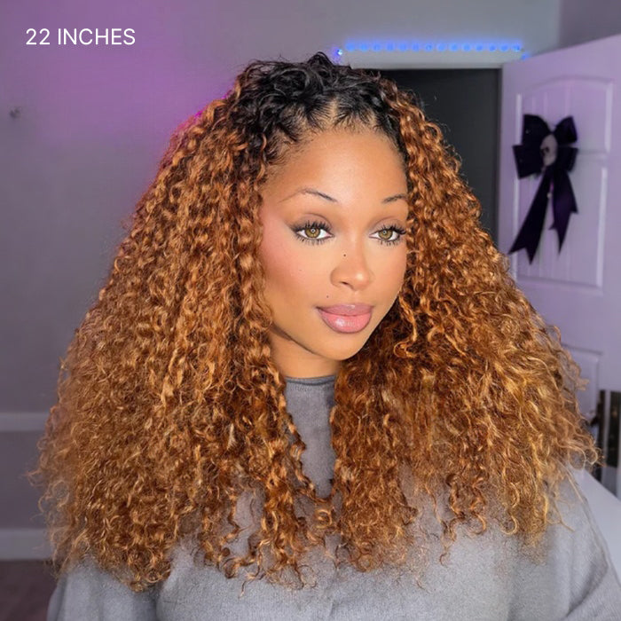 Ombre Brown Water Wave 3 IN 1 Half Wigs with Black Roots Glueless Natural Blend Pull & Go Drawstring Half Wig