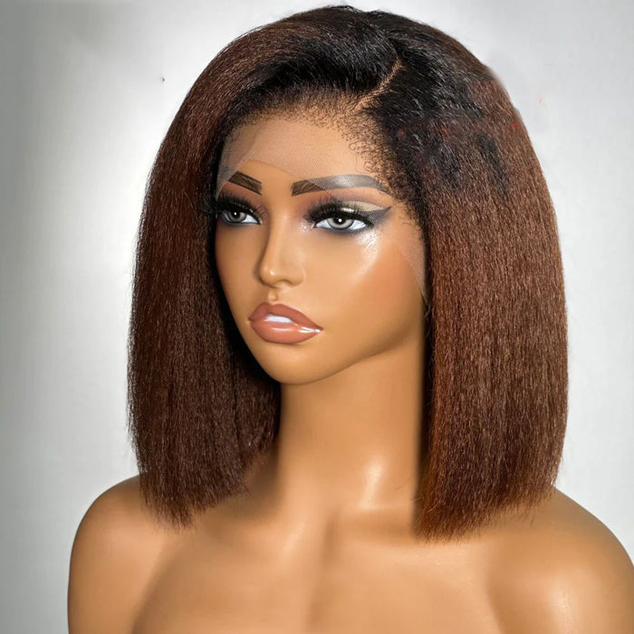 4C Kinky Edges Lace Front Bob Wig Short Kinky Straight Human Hair Wig Pre Cut HD Lace Wig