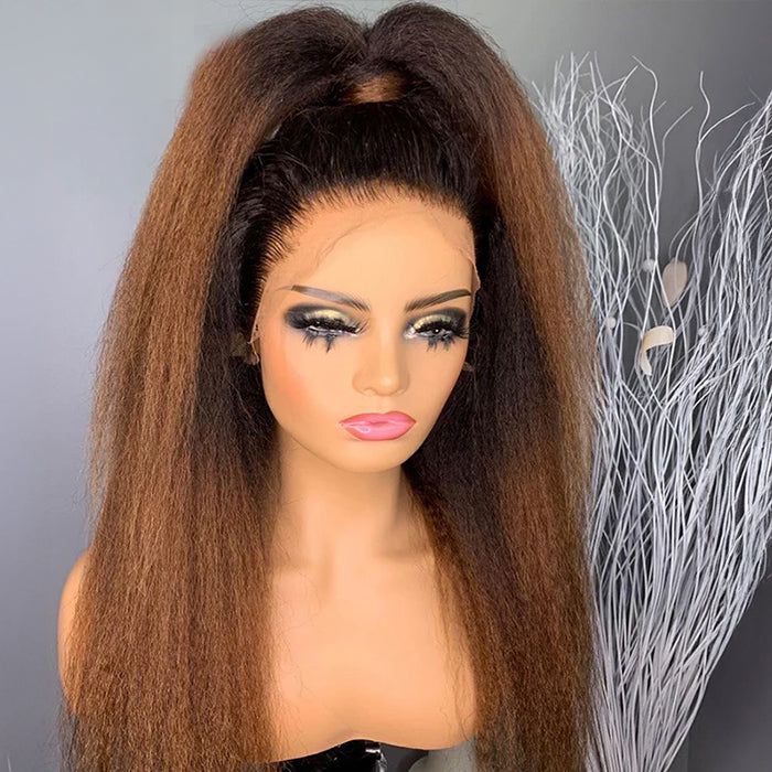 Ombre Black to Brown Color Kinky Straight 13x6 HD Transparent Skin Melt Lace Front Wig Human Hair Wigs