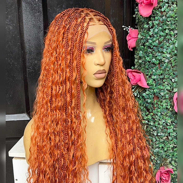 Boho Braided Wigs Orange Ginger Color 13x6 HD Lace Frontal Glueless Pull Go Drawstring Wigs For Black Women