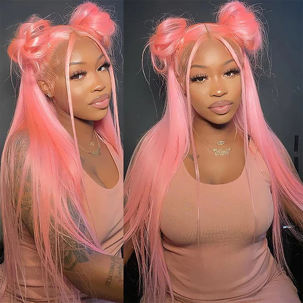 13x4 HD Lace Frontal  Human Hair Wigs Straight Pink Color Wig For Women Pre Plucked Bleached Knots