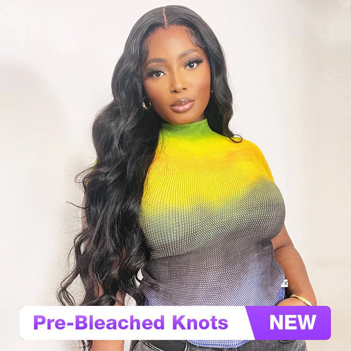 glueless body wave pre bleached knots wig with pre cut lace