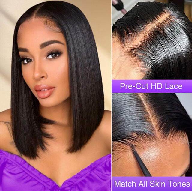 Put On And Go Glueless 8x5 Pre Cut HD Lace Straight Bob Wigs With Pre Plucked & Pre Bleached