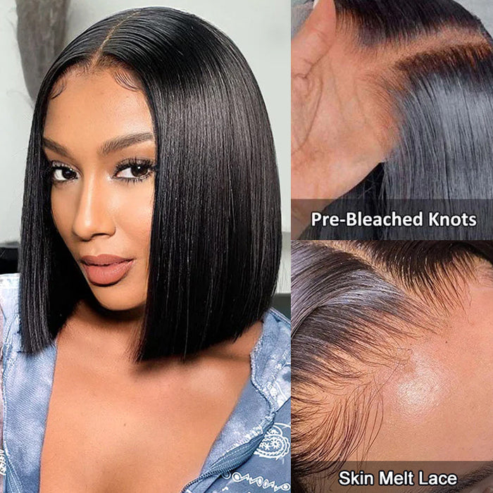 Put On And Go Glueless 8x5 Pre Cut HD Lace 220% Density Straight Bob Wigs With Pre Plucked & Pre Bleached