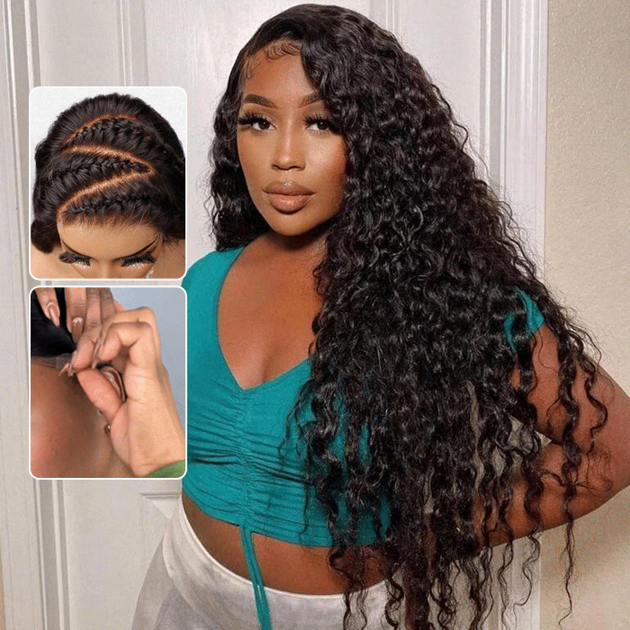 Glueless Put On and Go Water Wave 13x6 Full Lace Front Wigs Pre Plucked & Bleached S M L Cap