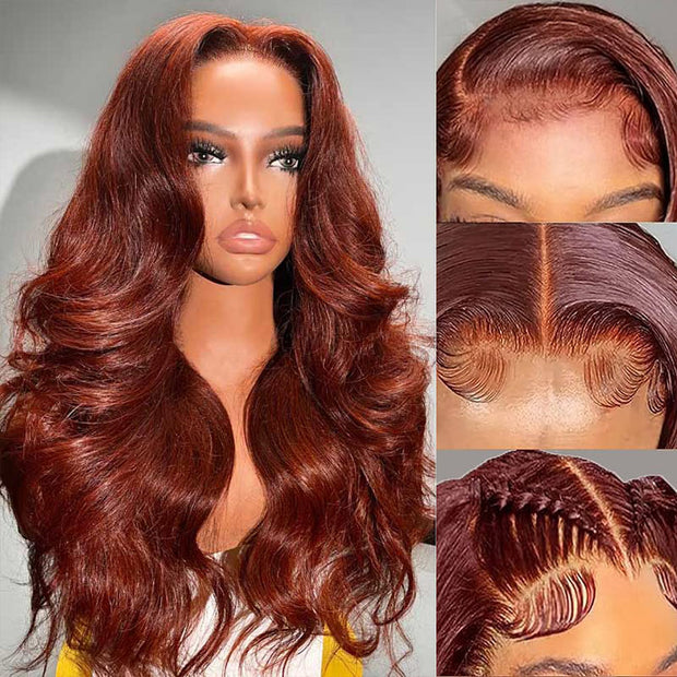 Reddish Brown Body Wave 13×4 Pre Cut HD Lace Front Human Hair Wigs 150% 180% 220% Density
