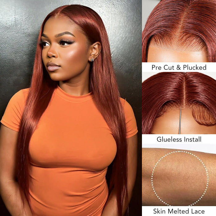 #33 Reddish Brown Glueless Pre Cut 5x5 HD Transparent Lace Pre Plucked Natural Hairline Human Hair Wigs