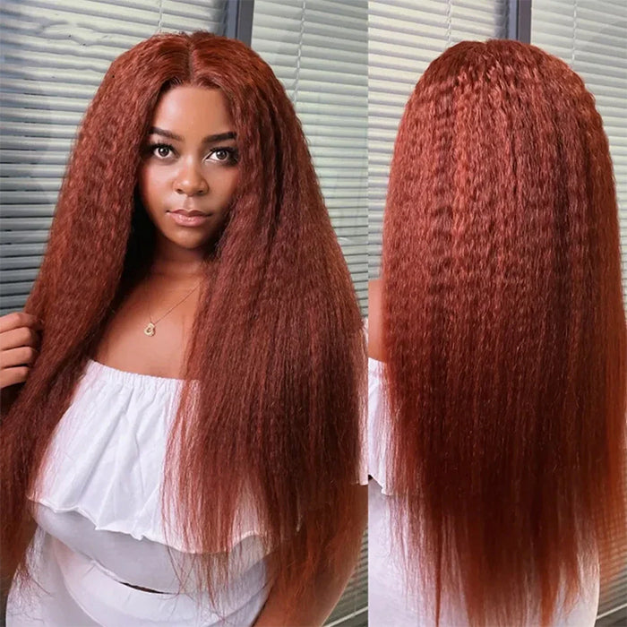 Kinky Straight Reddish Brown Colored Wig Pre Plucked Hairline Glueless HD Lace Human Hair Wigs with Drawstring